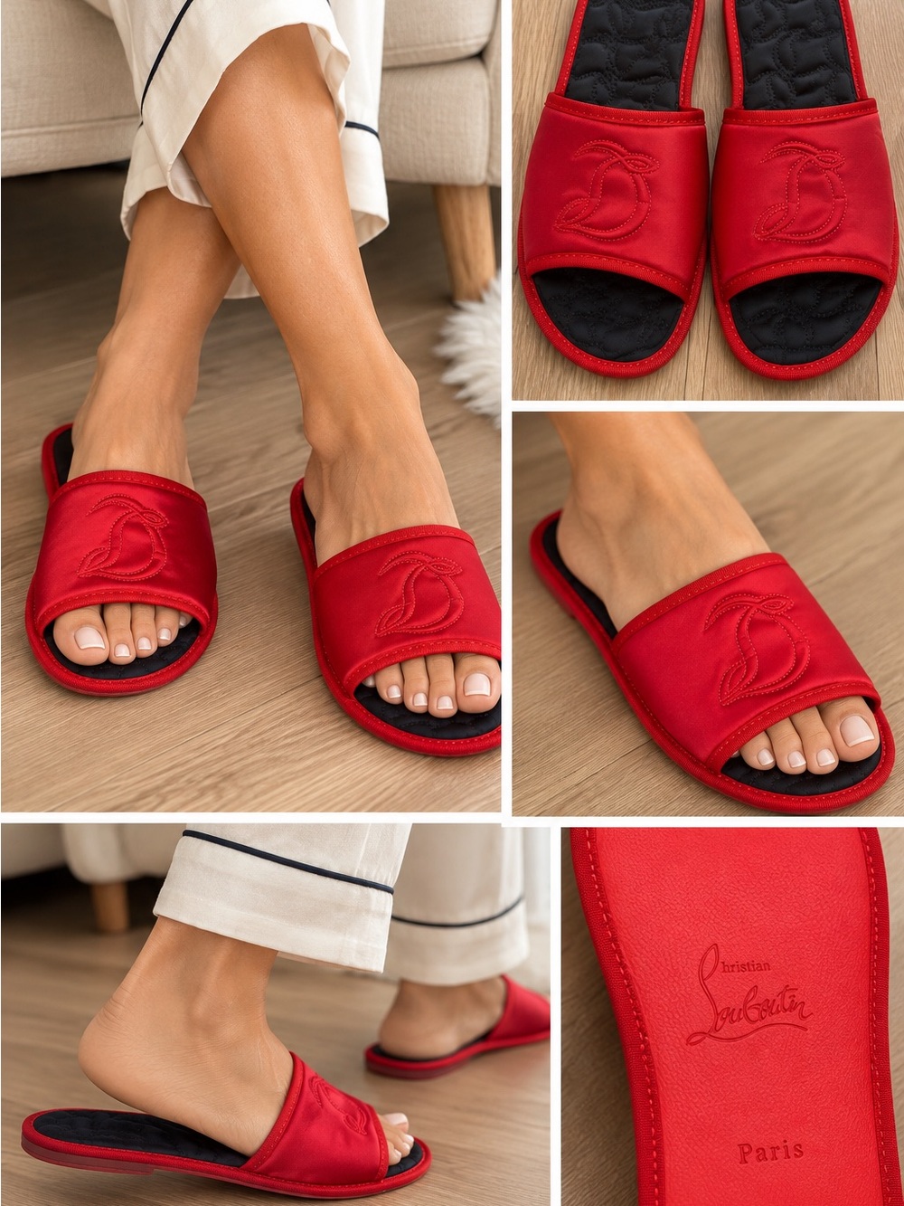 Christian Louboutin Paris Red Satin Slippers Black Quilted Insole